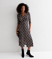 New Look Black Geometric Collared 3/4 Sleeve Midi Dress
